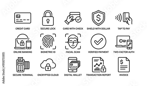 Financial security icons: payment, lock, id verification, shield, cloud