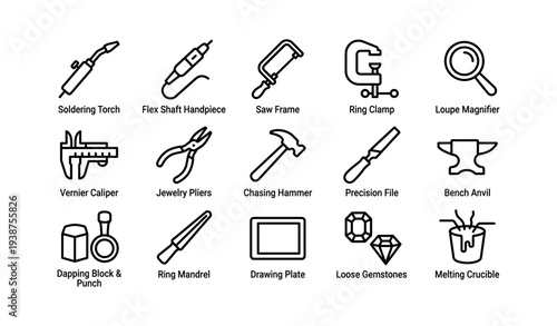Jewelry tools collection: soldering torch, flex shaft, saw frame, ring clamp, loupe magnifier