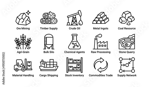 Industrial icons set: mining, timber, oil, metals, agriculture