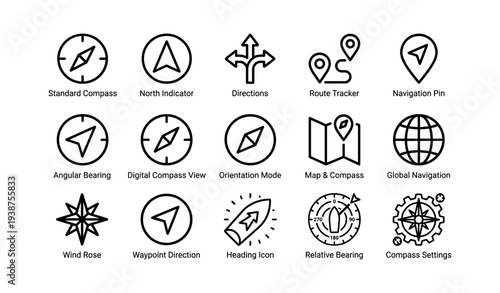 Navigation icons set: compass, map, directions, digital navigation symbols