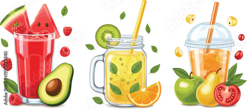 Fresh Fruit Juice and Smoothie Vector Set with Watermelon, Kiwi, Orange and Avocado, Healthy Drink Illustration for Detox, Summer Refreshment Design