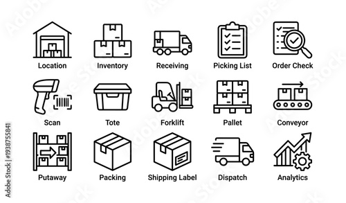 Warehouse operations icons: location, inventory, shipping, analytics, logistics