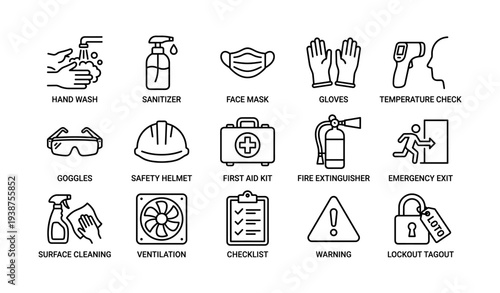 Essential safety equipment icons: hand wash, sanitizer, mask, gloves, temperature check