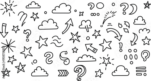 A collection of various line drawn icons and symbols for questions and answers