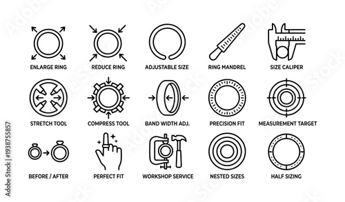 Jewelry sizing and adjustment tools icons: mandrel, caliper, and more