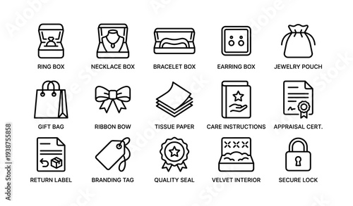 Jewelry packaging icons: box, pouch, bag, label, seal, lock, certificate