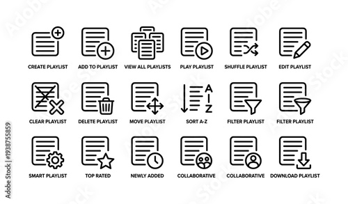 Playlist icon set: add, play, shuffle, edit, delete, sort, filter options