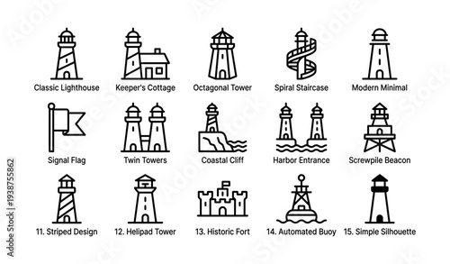 Icon set of various lighthouse designs and coastal navigation structures