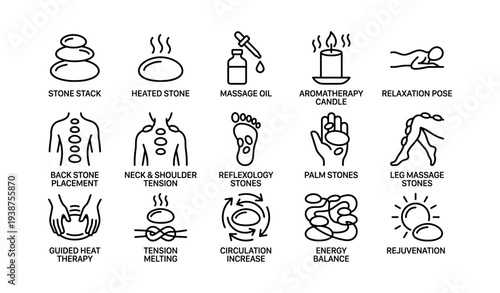 Massage therapy icons: stone stack, heated stone, aromatherapy candle, relaxation pose