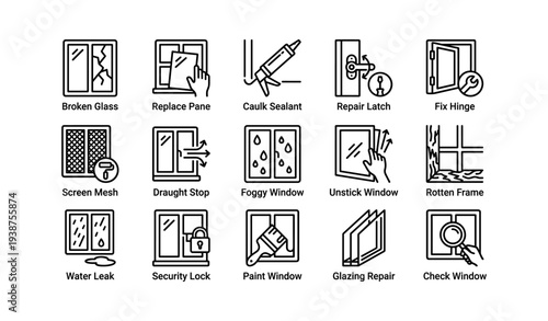 Window maintenance icons: repair, sealant, security, and replacement tasks illustrated