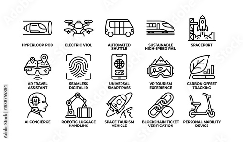 Futuristic transportation and technology icons: hyperloop, autonomous, ar, ai, vr