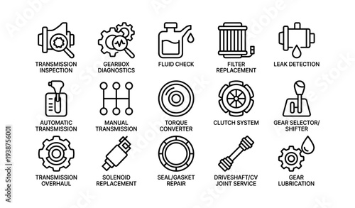 Transmission system maintenance icons set: fluid check, gearbox diagnostics, filter replacement, solenoid, seal repair