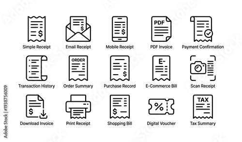 Icons of financial documents and actions: receipt, invoice, order, pdf, tax