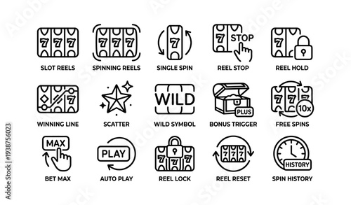 Icon set of slot machine features including reels, scatter, wild, and bonus