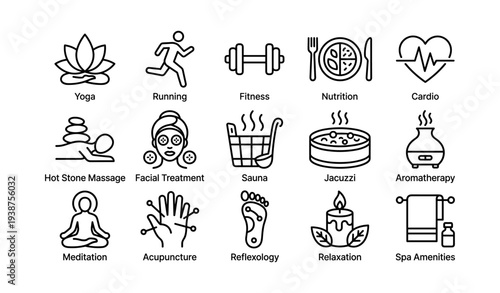 Wellness activities icons featuring yoga, running, fitness, nutrition, and relaxation