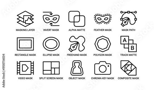 Graphic design mask icons: masking layer, invert, alpha matte, feather, path
