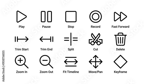Collection of video editing icons with play, pause, stop, record functions