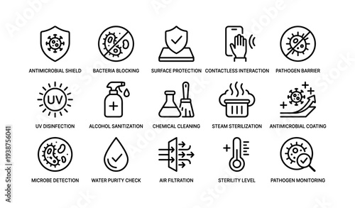 Vector icons representing antimicrobial shield, bacteria blocking, contactless interaction, pathogen barrier
