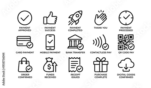 Payment icons: approval, success, transfers, and confirmations