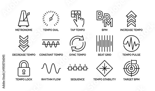 Musical tempo icons: metronome, bpm, rhythm, sequence, stability