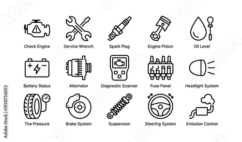 Automotive diagnostic icons: tools, parts, systems for car maintenance and repair