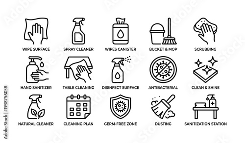 Cleaning icons set: tools, sanitizer, mop, bucket, germ-free zone