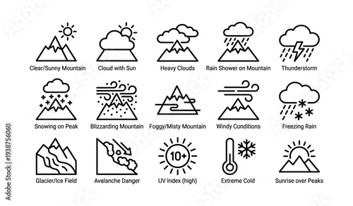 Weather icons collection: mountains, clouds, rain, snow, sun, wind, cold