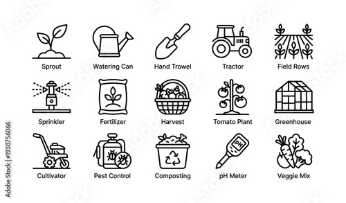 Agricultural icons: tools, equipment, and plants for modern farming practices