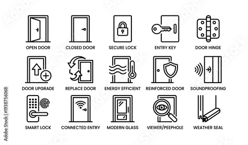 Door technologies icons: smart locks, security, energy efficiency, soundproofing