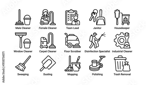 Vector icons of various cleaning roles including equipment and personnel