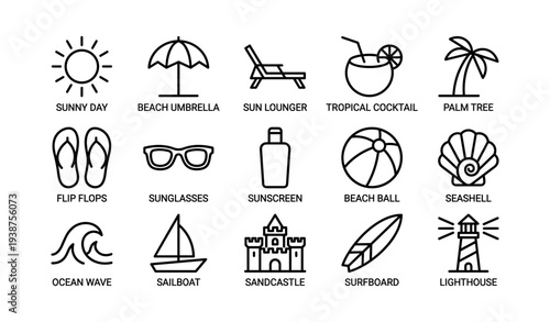 Summer icons: beach umbrella, sun lounger, tropical cocktail, palm tree, seashell, lighthouse