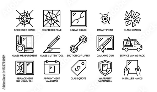 Glass repair icons set: cracks, tools, services, warranty, installation