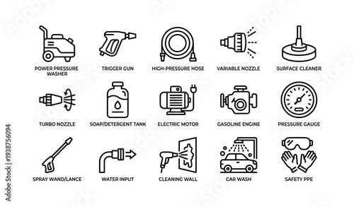 Pressure washer equipment icons: tools, nozzles, tanks, engines, safety gear