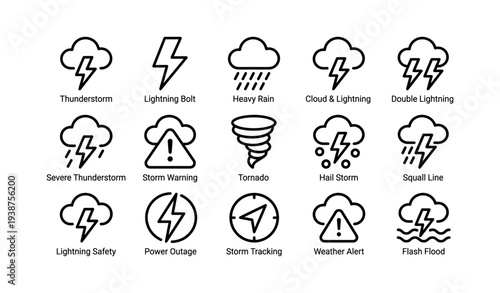 Weather icons collection featuring storms, lightning, rain, and safety warnings