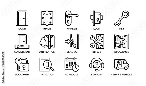 Door and locksmith icon set featuring hinges, handles, locks, keys, and tools for repair and maintenance