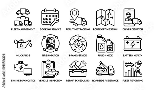 Comprehensive fleet management and vehicle maintenance icons for logistics