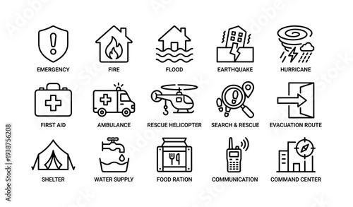 Emergency preparedness icons for disaster response and safety planning