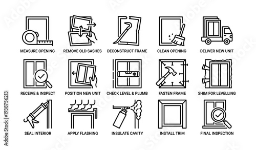 Window installation process icons: step-by-step guide from measurement to final inspection
