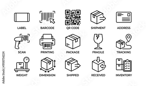 Shipping and logistics icons: barcode, qr code, shipment, tracking, inventory