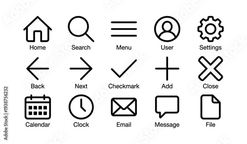 Set of simple black user interface icons on white background