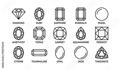 Gemstone shapes chart with diamond, ruby, sapphire, emerald, and more
