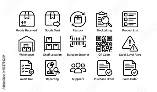 Warehouse management icons set with inventory tracking and qr code symbols