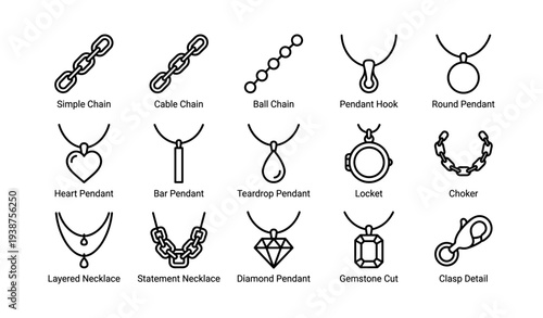 Variety of necklace designs: chains, pendants, lockets, diamond, gemstone