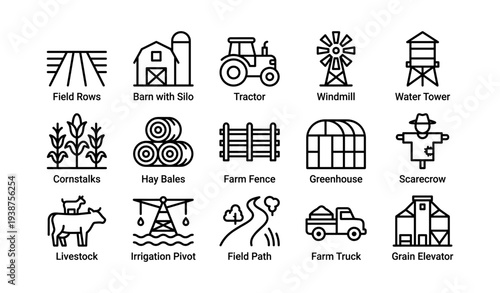 Agricultural icons set: barn, tractor, windmill, livestock, crops, farm equipment