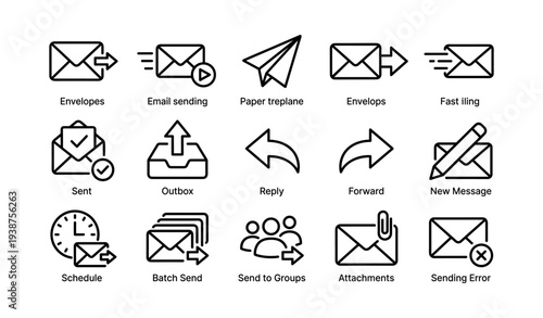 Email communication icons set: send, reply, forward, attachment, schedule