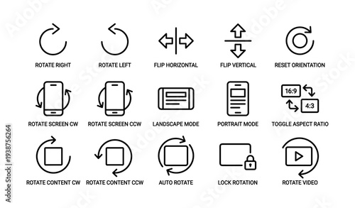 Icon set: screen and video rotation controls with different modes