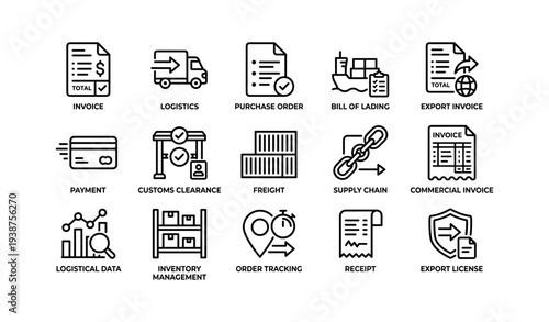 Logistics and supply chain icons: invoice, shipping, purchase order, inventory management