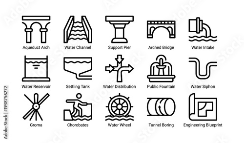 Aqueduct design icons: arches, channels, reservoirs, and water systems