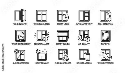 Smart home window automation icons for security and efficiency