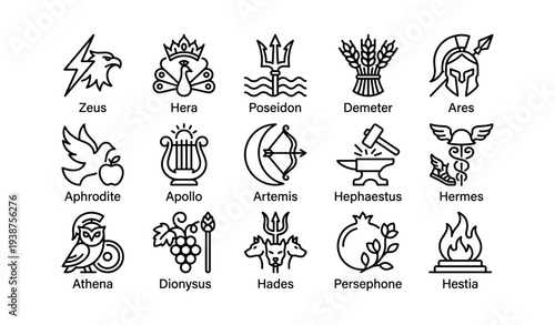 Greek mythology icons: symbols of olympian gods and goddesses